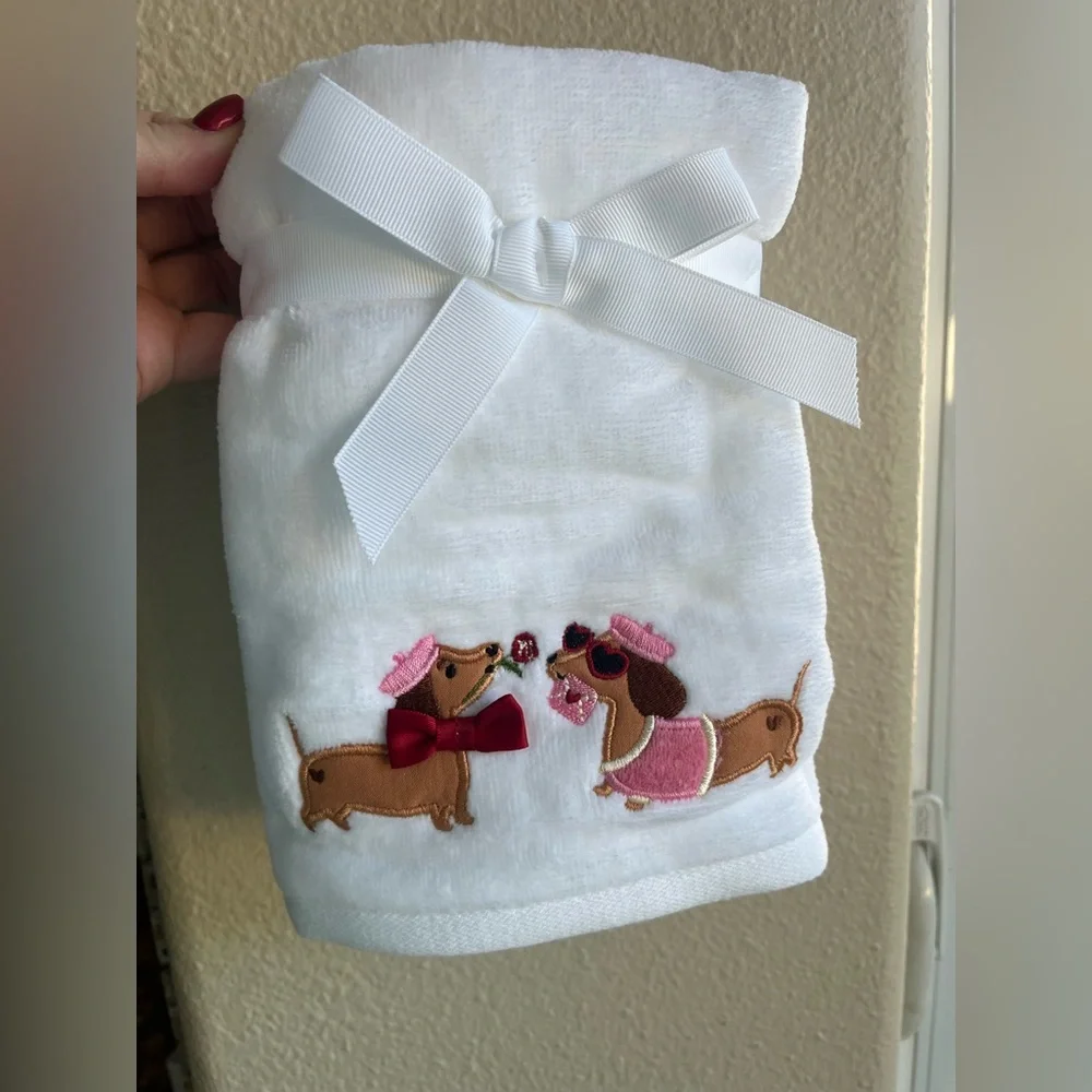 White Valentine’s Hand Towels with Pink and Red Dachshund Design